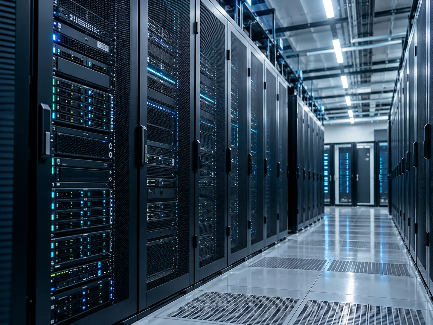 Modern data center with orderly server racks and blue status lights